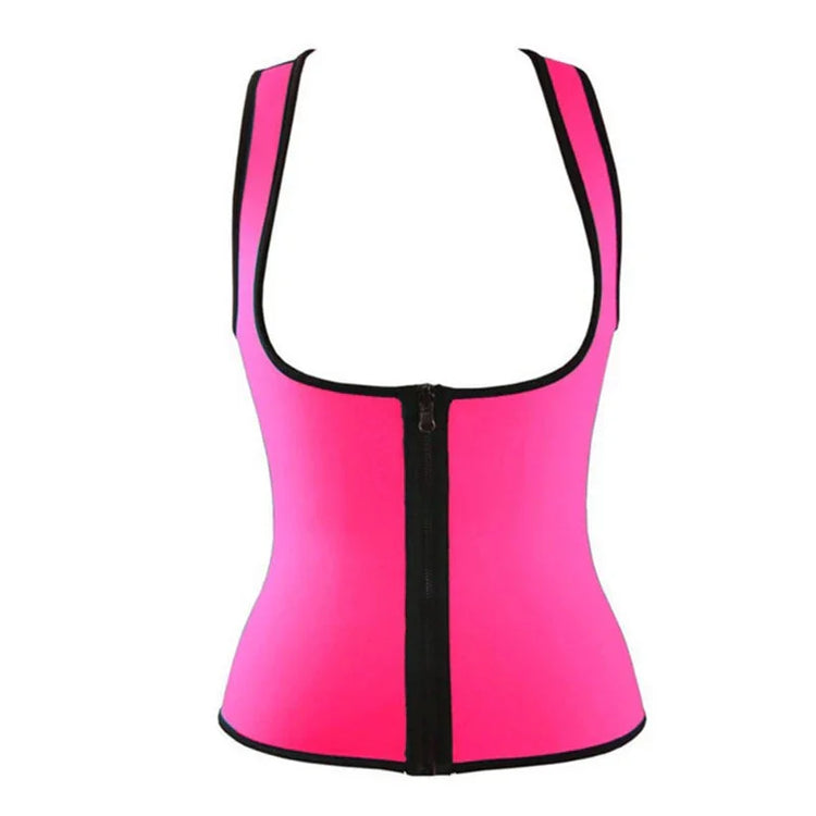 Neon pink zip-up tank top, fitted design with black trim, sleeveless streetwear style
