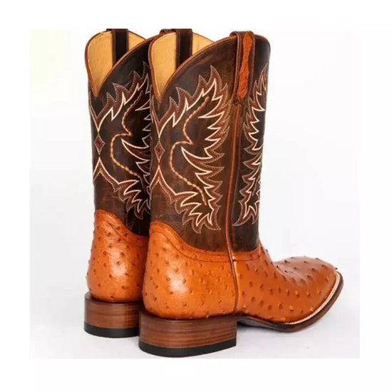 Brown and tan ostrich leather cowboy boots with decorative stitching and square toe fit