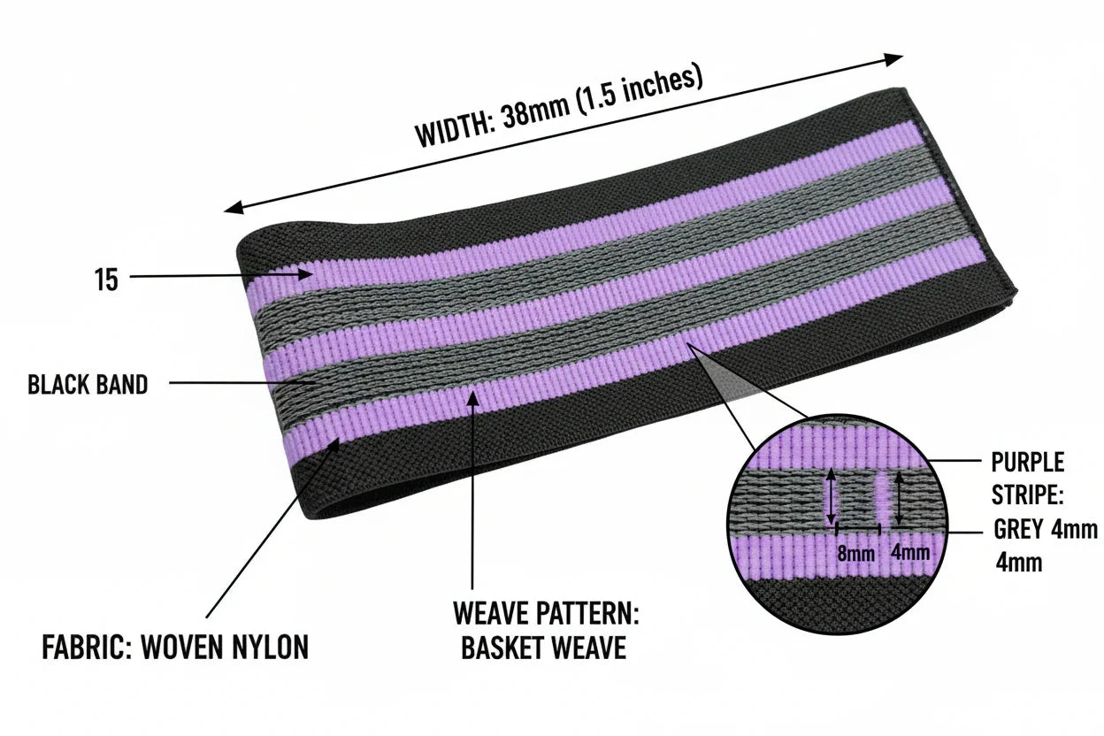 Wide woven nylon band with black, grey, and purple stripes, basket weave pattern, 38mm width.