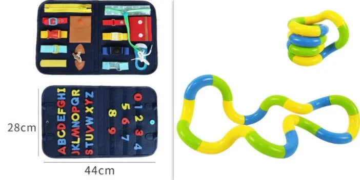 Colorful sensory fidget board and flexible tactile toy, plastic and fabric, for children