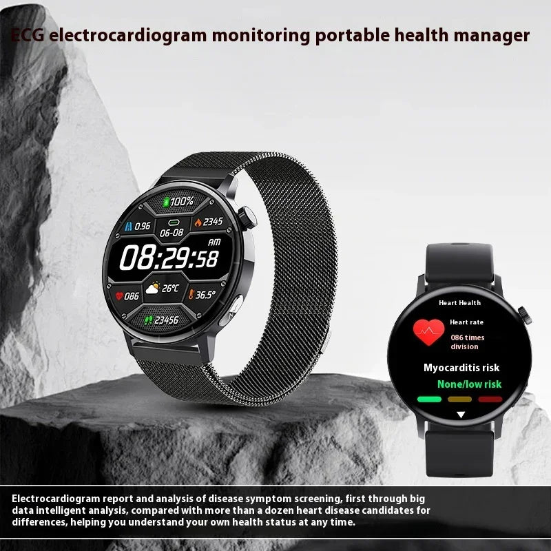Black smartwatches with round displays, mesh metal and silicone bands, displaying health tracking and digital clock features.
