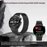 Black smartwatches with round displays, mesh metal and silicone bands, displaying health tracking and digital clock features.