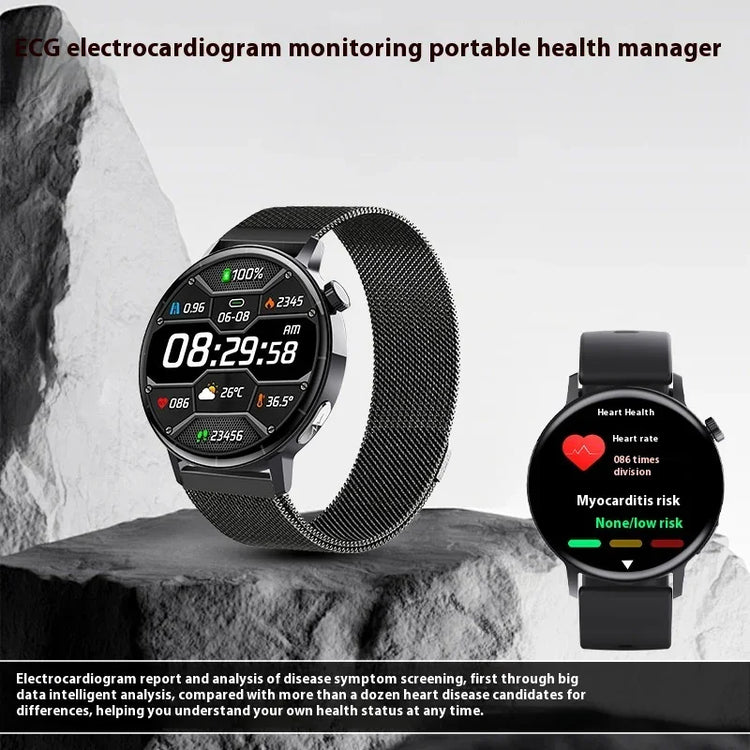 Black smartwatches with round displays, mesh metal and silicone bands, displaying health tracking and digital clock features.