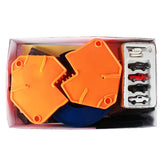 Toy car track set with orange plastic pieces and mini die-cast cars in packaging