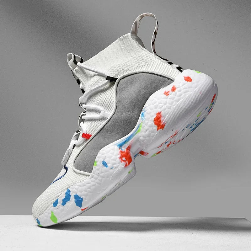 White and grey high-top sneaker with knit mesh material and colorful paint splatter sole