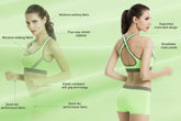 Woman in neon green activewear set with moisture-wicking, quick-dry fabric and cross-back fit