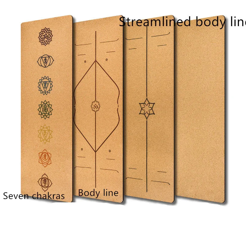 Set of four natural cork yoga mats displaying chakra symbols and alignment guide lines.