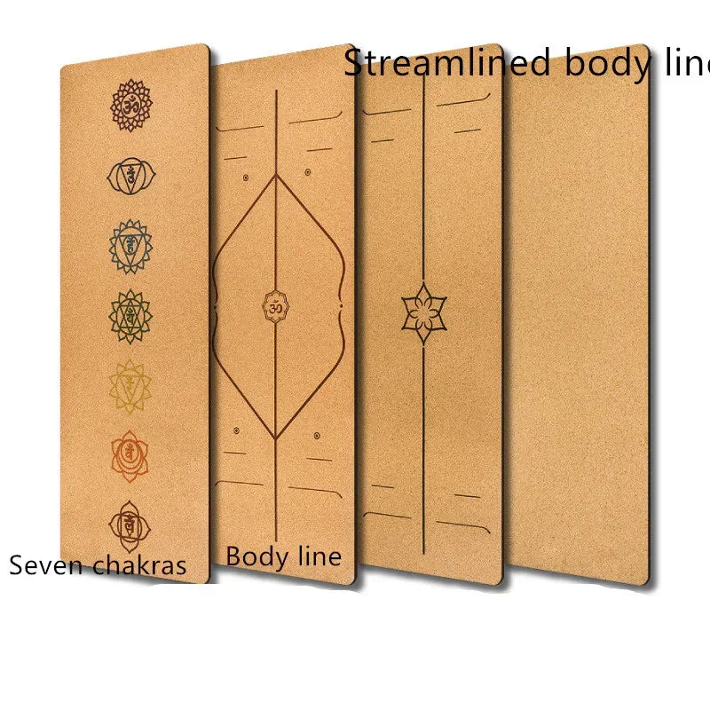 Set of four natural cork yoga mats displaying chakra symbols and alignment guide lines.