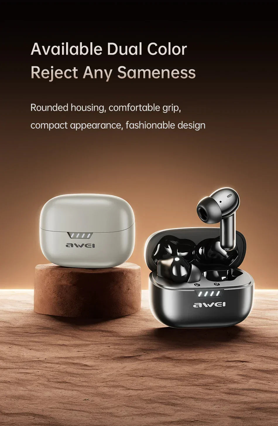 Dual color wireless earbuds with rounded, glossy and matte charging cases, compact design.