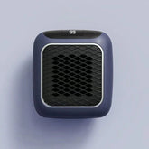 Compact portable heater with digital display, black mesh front, and modern square design