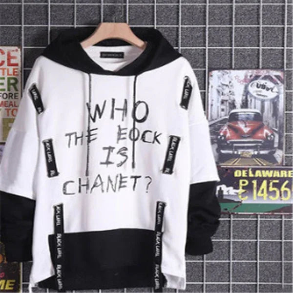 Oversized black and white graphic hoodie with bold front text and relaxed streetwear fit