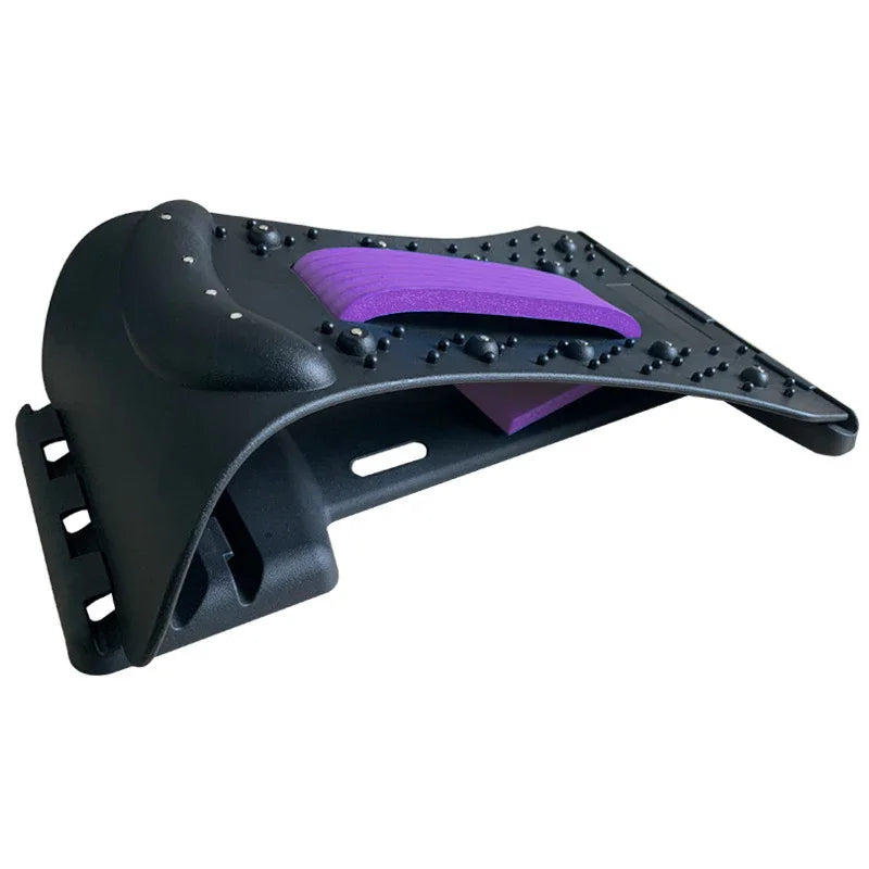 Adjustable black and purple back stretcher with ergonomic design and acupressure nodes