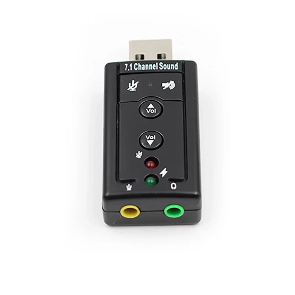 Black USB 7.1 channel sound card adapter with volume controls and audio input output ports