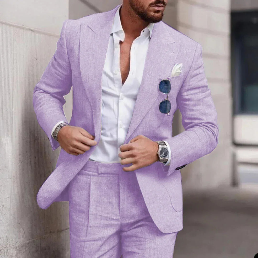Man wearing slim fit lavender suit with white dress shirt, linen material, urban setting