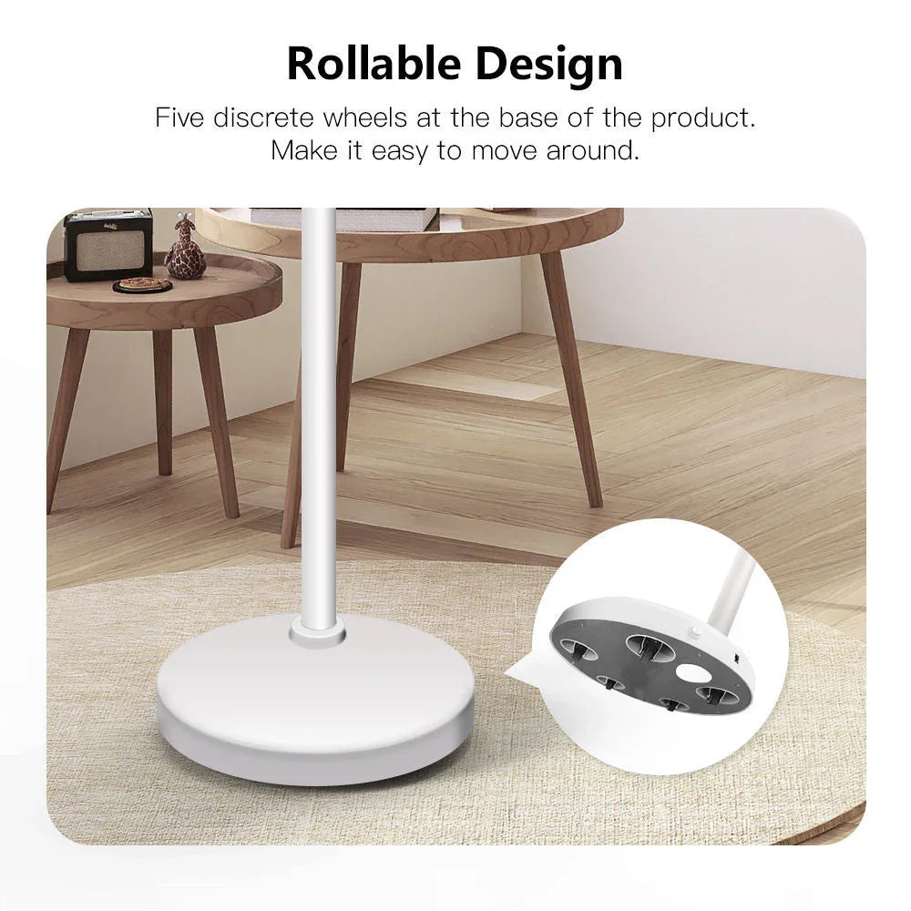 White rolling stand with five hidden wheels on round base, displayed on wooden floor.