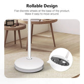 White rolling stand with five hidden wheels on round base, displayed on wooden floor.