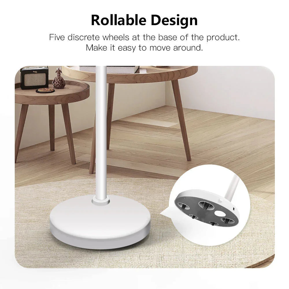 White rolling stand with five hidden wheels on round base, displayed on wooden floor.