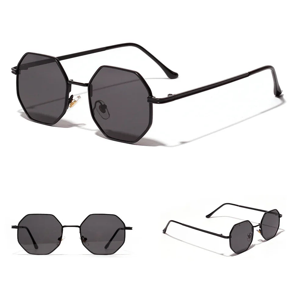 Black octagonal sunglasses with thin metal frames and dark tinted lenses, modern streetwear style.