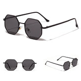 Black octagonal sunglasses with thin metal frames and dark tinted lenses, modern streetwear style.