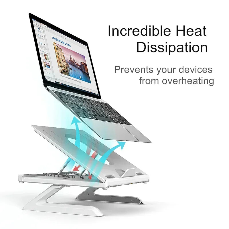 Silver laptop on adjustable white metal stand with airflow design for heat dissipation