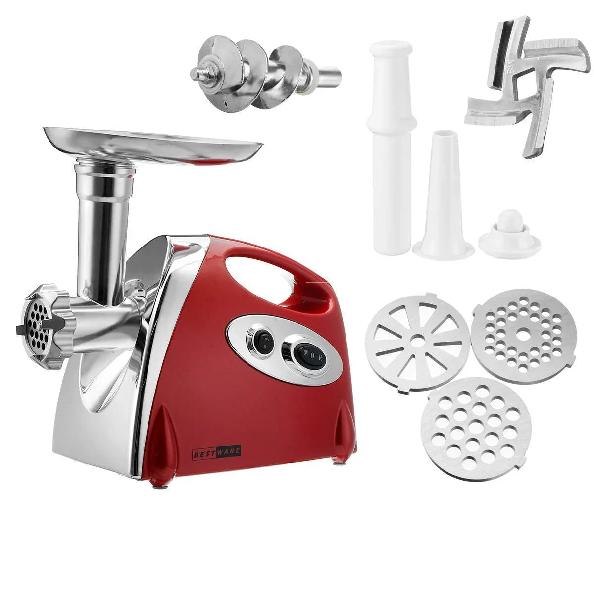 Red and silver electric meat grinder with stainless steel blades, plates, and plastic accessories.