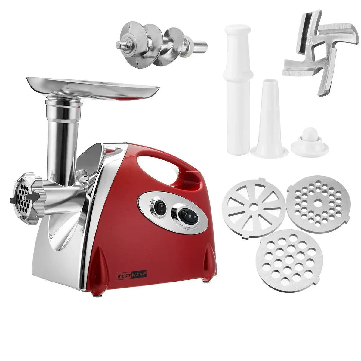 Red and silver electric meat grinder with stainless steel blades, plates, and plastic accessories.