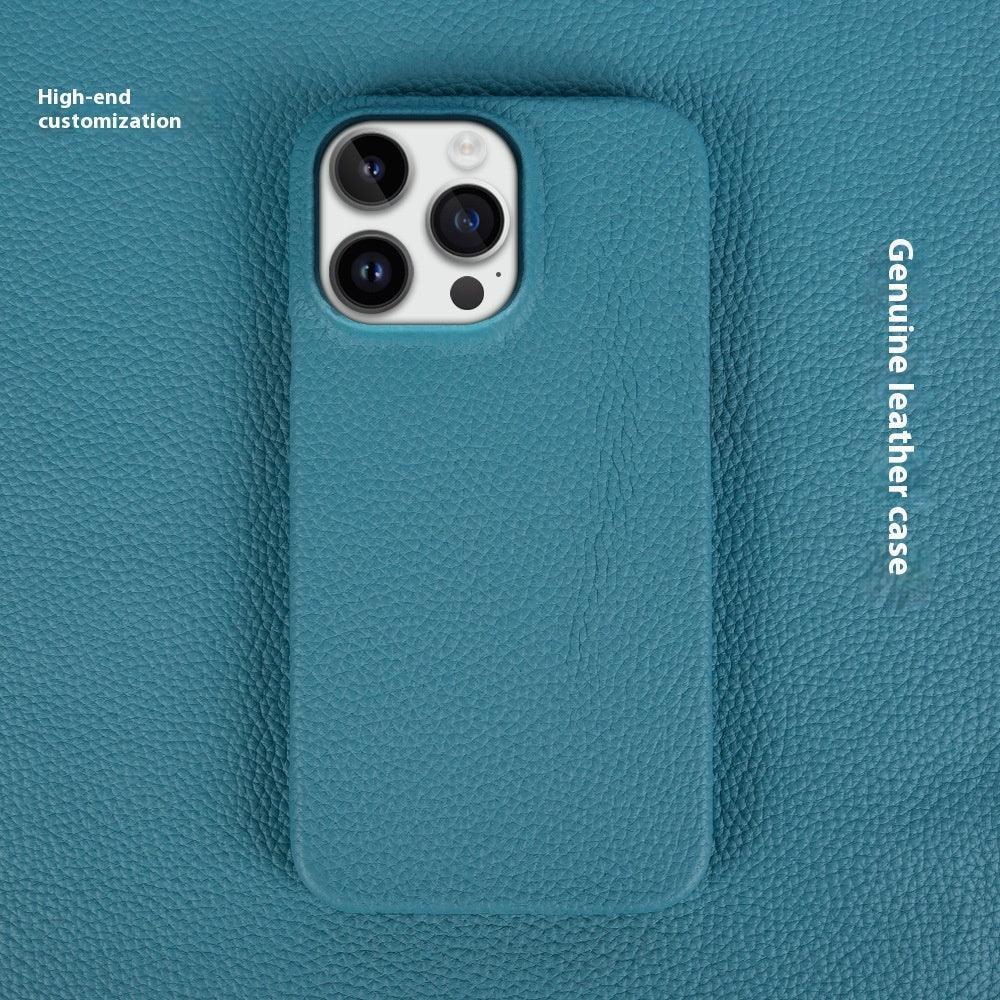 Blue genuine leather phone case with textured finish, luxury fit, and precise camera cutout