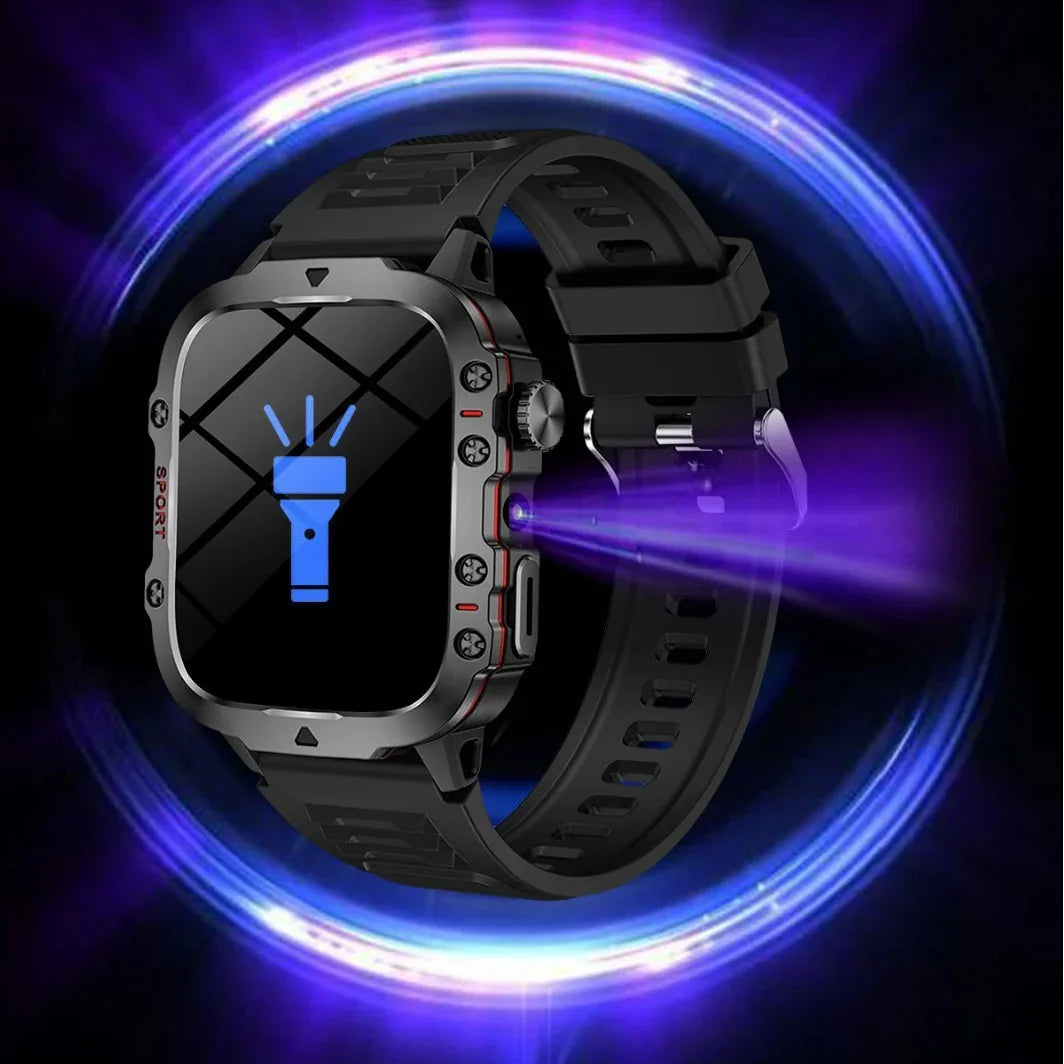 Black rugged smart watch with silicone strap and flashlight icon on display, tech accessory