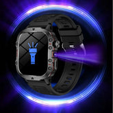 Black rugged smart watch with silicone strap and flashlight icon on display, tech accessory