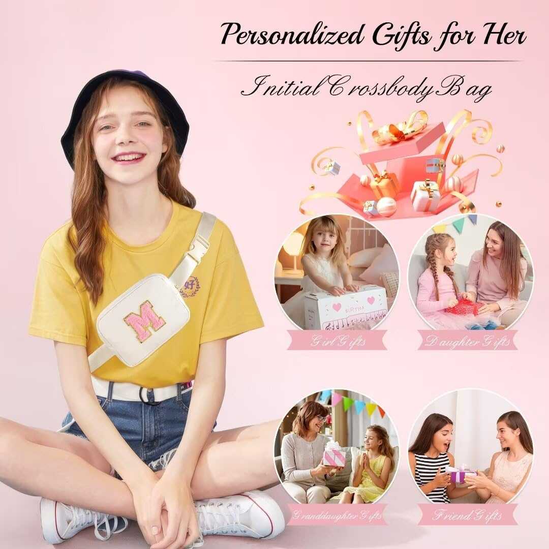 YOOLIFE Initial Crossbody Bag personalized fanny pack with embroidered letter for women and girls, lightweight adjustable belt bag for travel and gifts