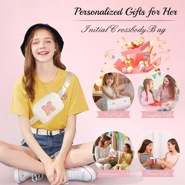 YOOLIFE Initial Crossbody Bag personalized fanny pack with embroidered letter for women and girls, lightweight adjustable belt bag for travel and gifts