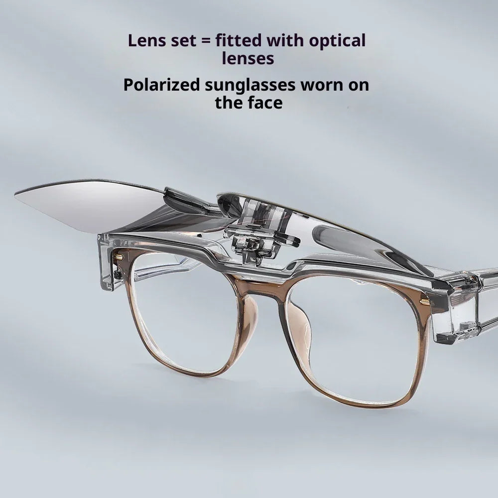 Clear optical glasses with flip-up polarized sunglasses attachment, transparent frame, modern design.