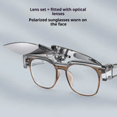 Clear optical glasses with flip-up polarized sunglasses attachment, transparent frame, modern design.