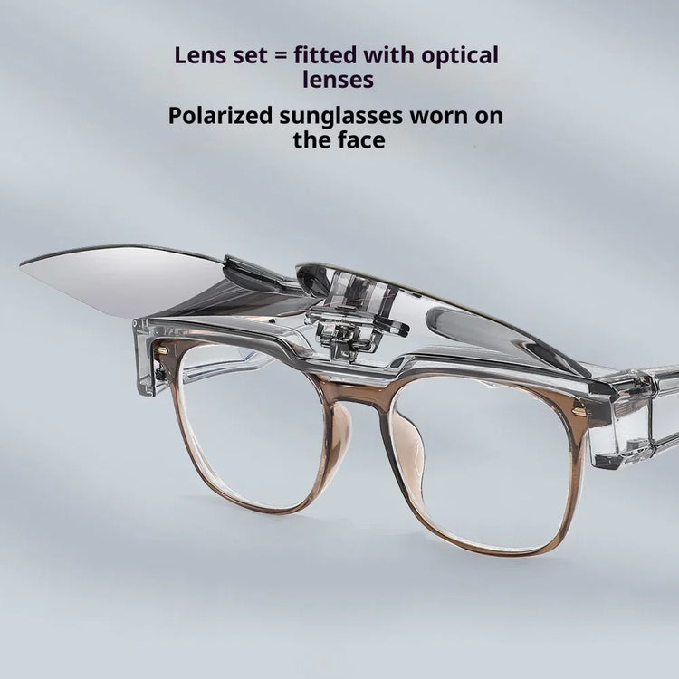 Clear optical glasses with flip-up polarized sunglasses attachment, transparent frame, modern design.