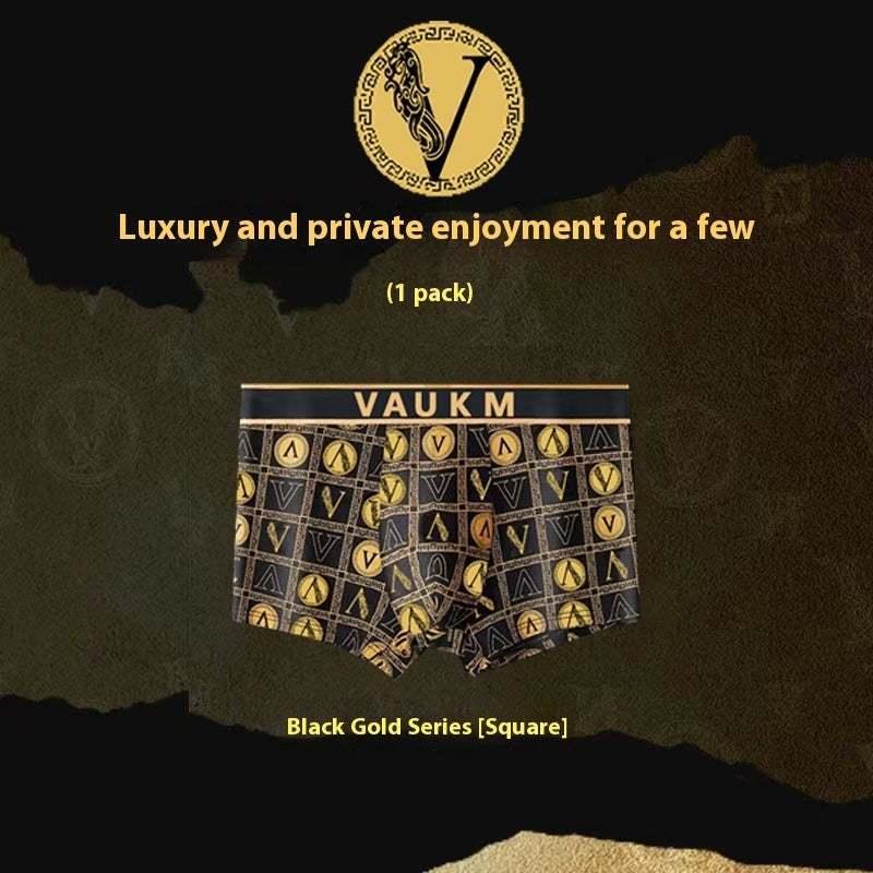 Men's black and gold boxer briefs with geometric pattern, snug modern fit
