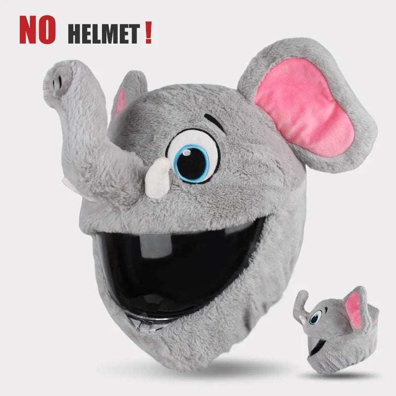 Plush gray elephant helmet cover with pink ears, cartoon face, and soft material