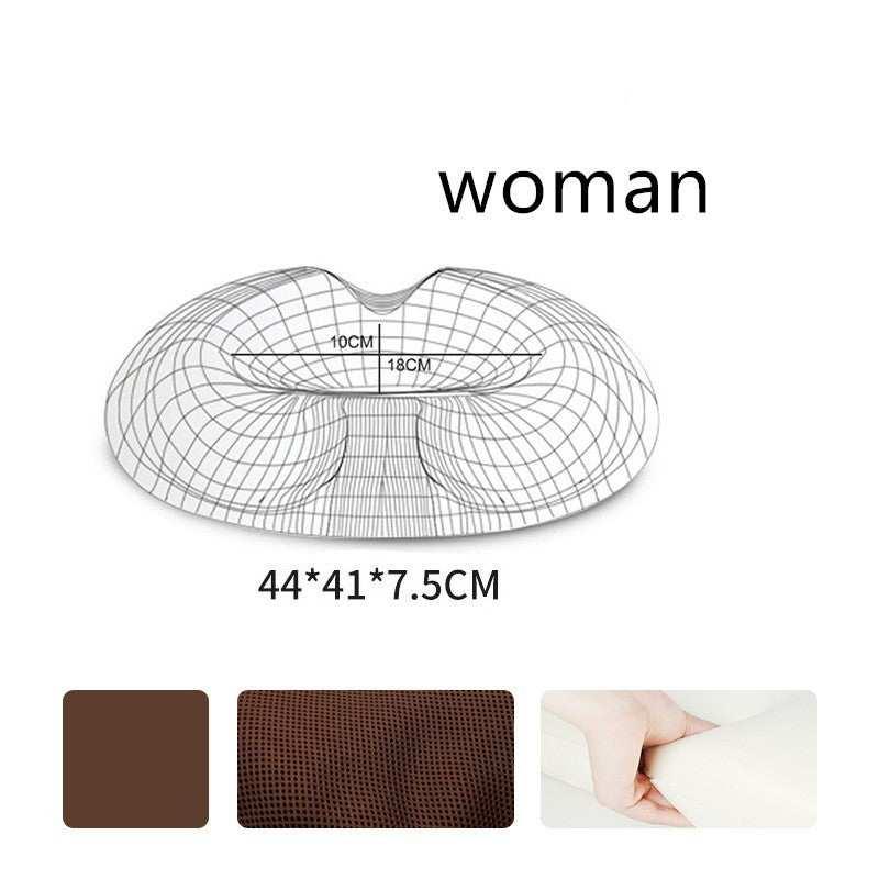 Ergonomic brown foam seat cushion for women, soft breathable material, 44x41x7.5cm size.