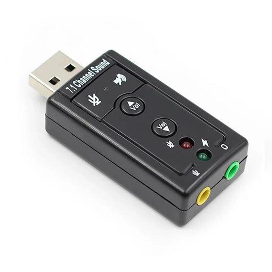 Black USB 7.1 channel sound card adapter with volume controls and audio jacks