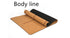 Brown cork yoga mat with black backing, body alignment lines, rolled on white background