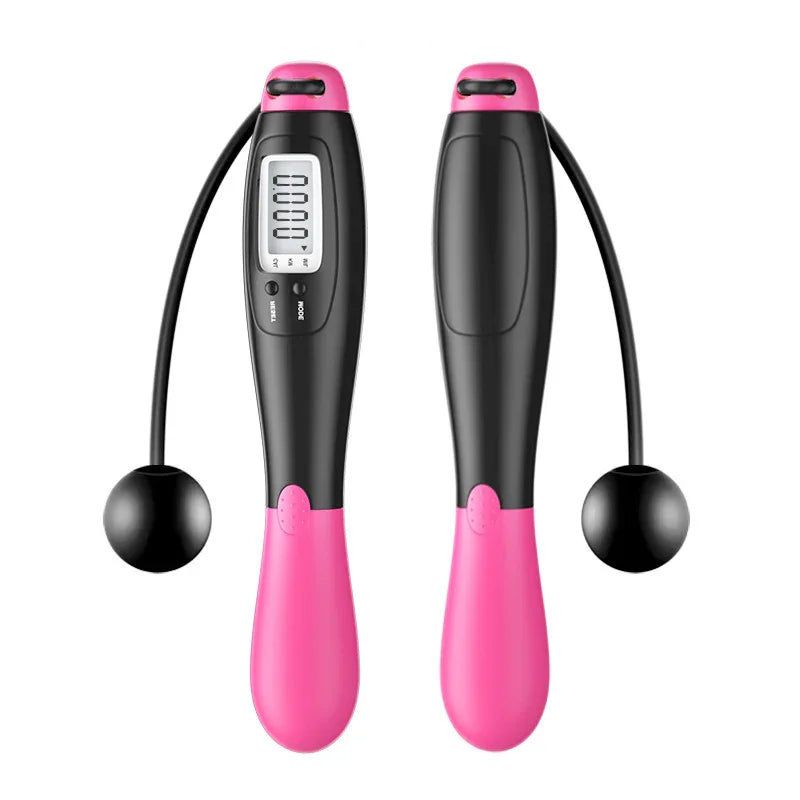 Pink and black digital cordless jump rope with ergonomic handles and built-in counter display