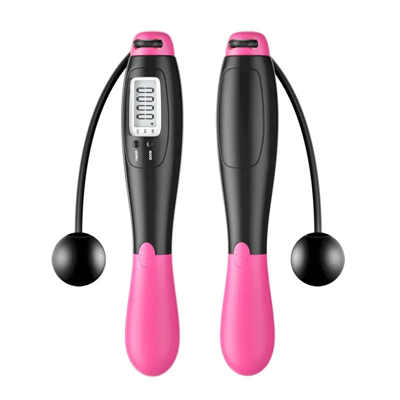 Pink and black digital cordless jump rope with ergonomic handles and built-in counter display
