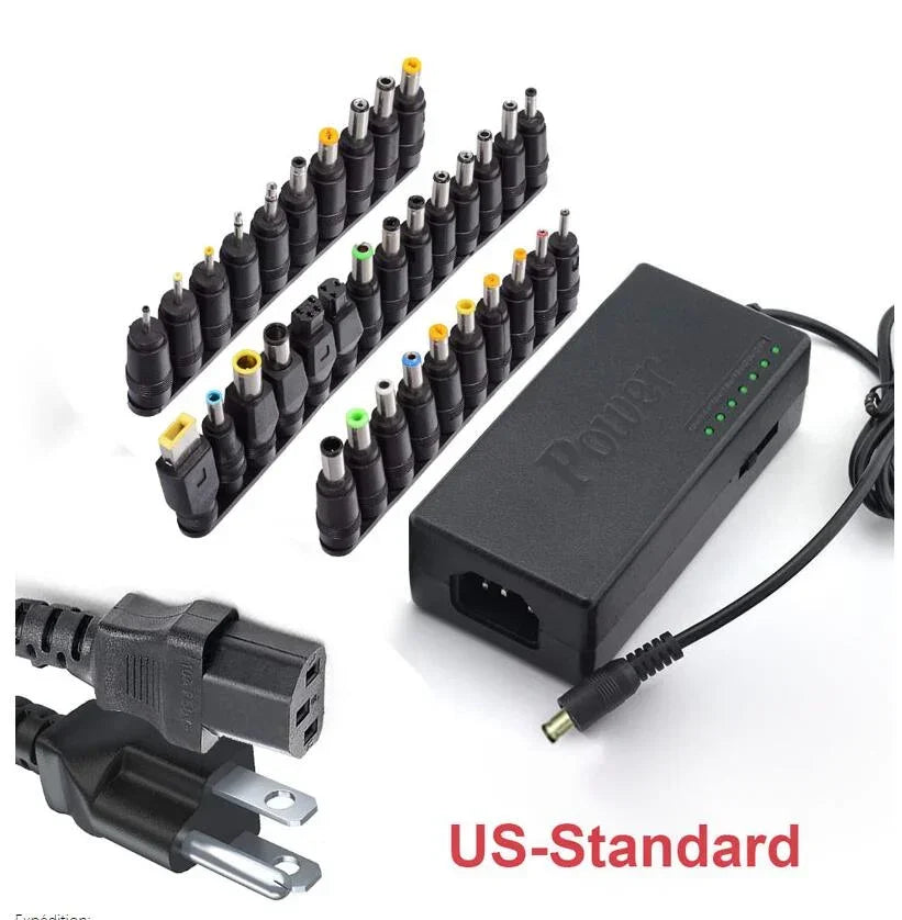 Universal black power adapter with various interchangeable DC plugs and US standard plug.