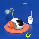 Futuristic white and orange remote control toy on wheels with feather teaser and tech accessories