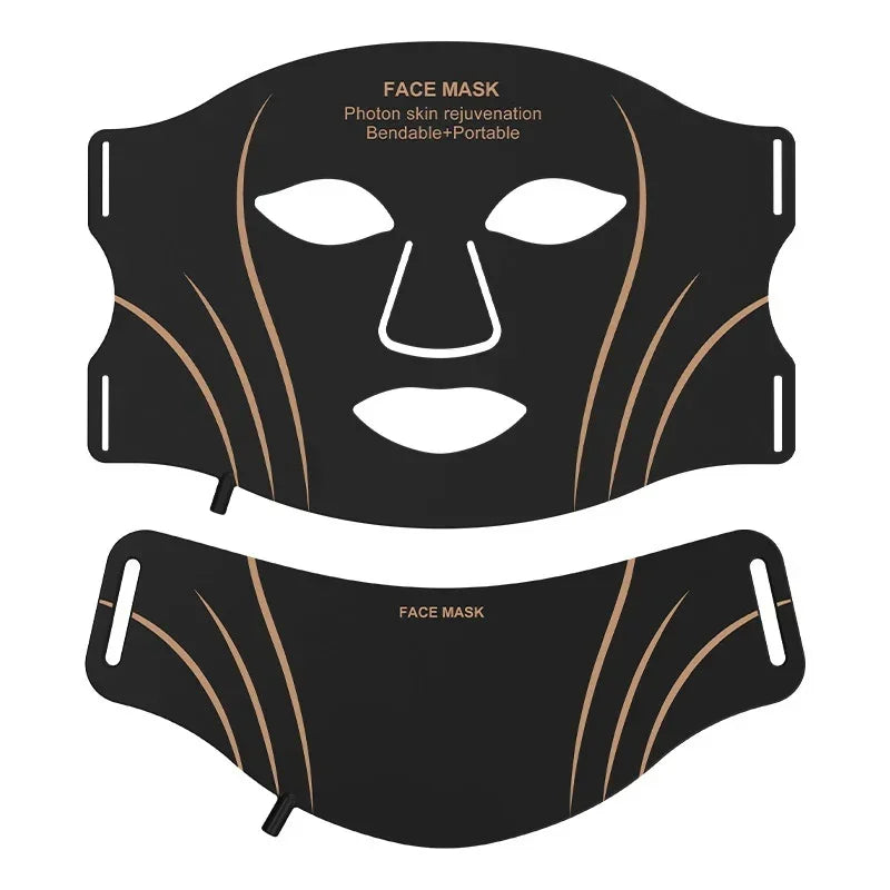 Black bendable facial mask set with gold accent lines, cutouts for eyes and mouth, made of soft material for skin care.