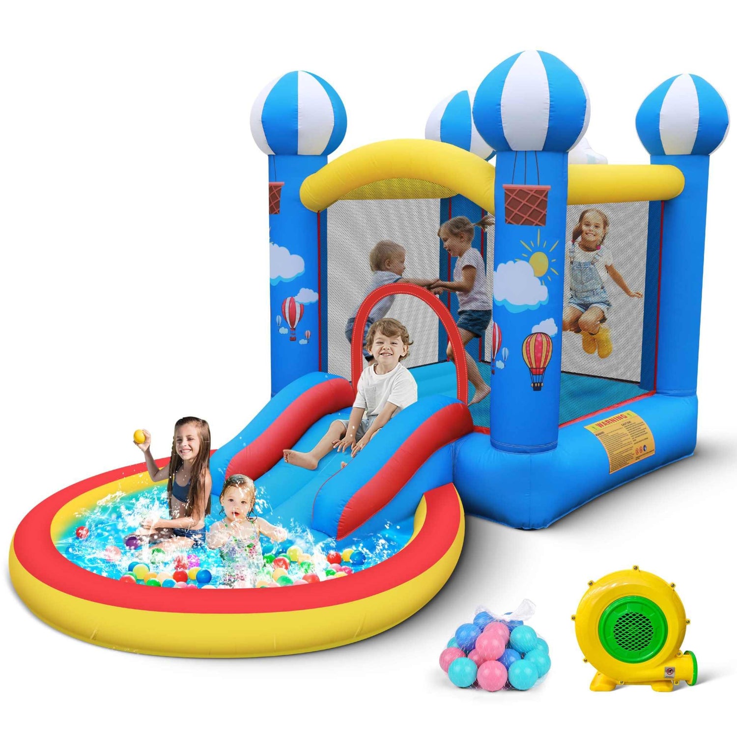 Kids playing on a blue and yellow inflatable bounce house with slide and splash pool