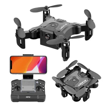 Black foldable drone with propellers, camera, and remote control with phone mount.