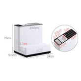 White multifunctional plastic desk organizer box with compartments, black trim, size details shown
