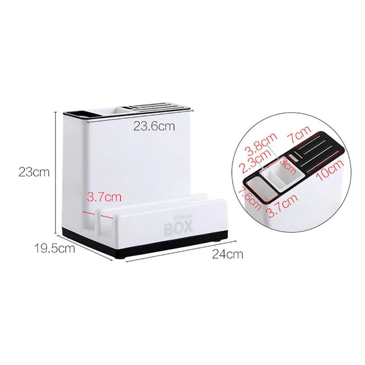 White multifunctional plastic desk organizer box with compartments, black trim, size details shown