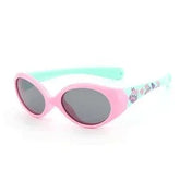 Oval pink sunglasses with mint green arms, dark lenses, and playful pattern on sides.