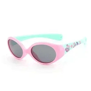 Oval pink sunglasses with mint green arms, dark lenses, and playful pattern on sides.